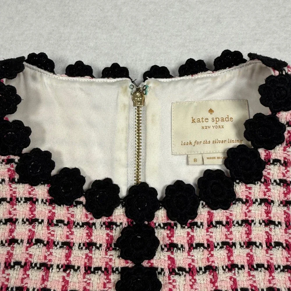 Kate Spade Tweed Dress Womens 8 Pink Sleeveless A Line Floral Trim NJMU8230